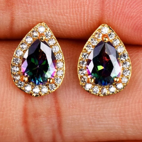 Yellow Gold Mystic Topaz Pear Halo Stud Earrings - Picture 3 of 4